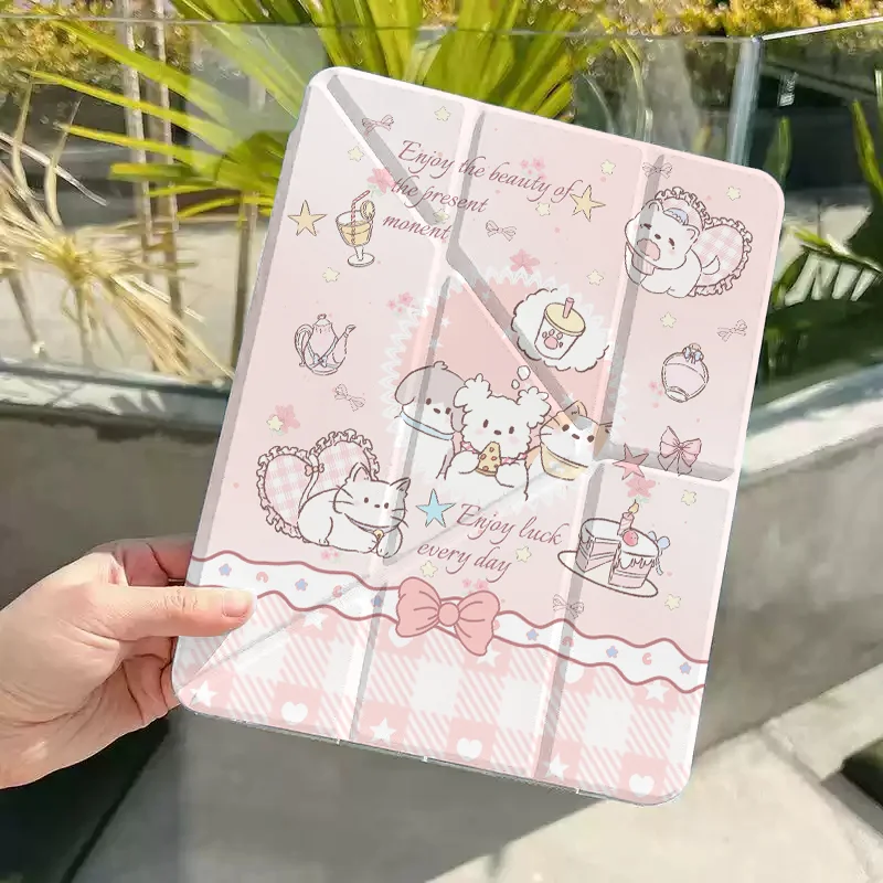 Korean Pink Tender Cat Puppy Bow For iPad Pro Air 13 11 M5 M4 M3 M2 2 1 11th A16 12.9