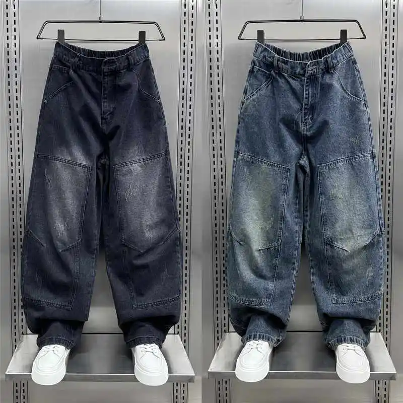 Trendy Brand 2026 Autumn New Splicing Washed Straight Jeans Men's Loose Fashion Menswear Clothing Wide-leg Scimitar Pants