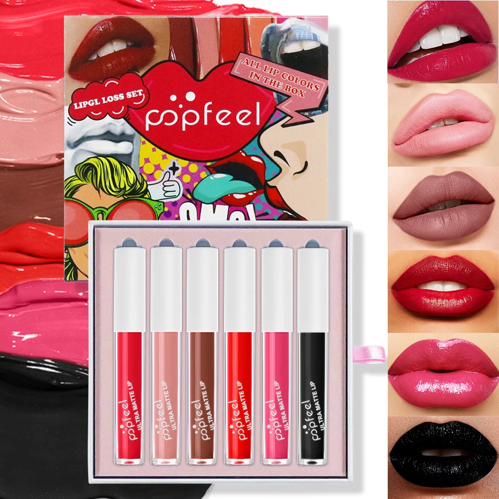 POPFEEL キャンディーカラー リップグロス&リップステイン 6個セット - 長持ち、転写しないフォーミュラ、あらゆる機会に最適、パーティーメイクに最適