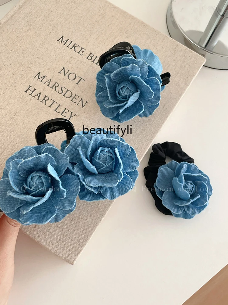 Three-Dimensional Denim Blue Flower Hair Clip Niche Design Elegant Hair Clip Head Decoration Headdress Flower Hair Rope