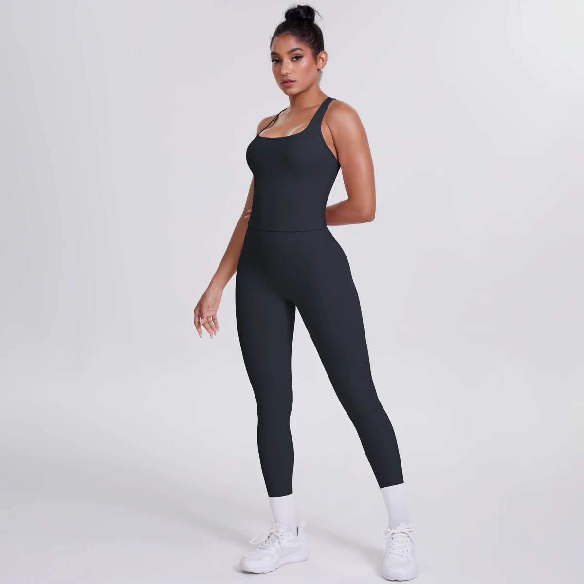 Hamidou 2-teiliges Damen-Yoga-Set, schnell trocknende, hüftformende Fitnesshose, Yoga-Leggings, einfarbig, Gym, schöner Rücken, I-förmige Weste – Detail 16