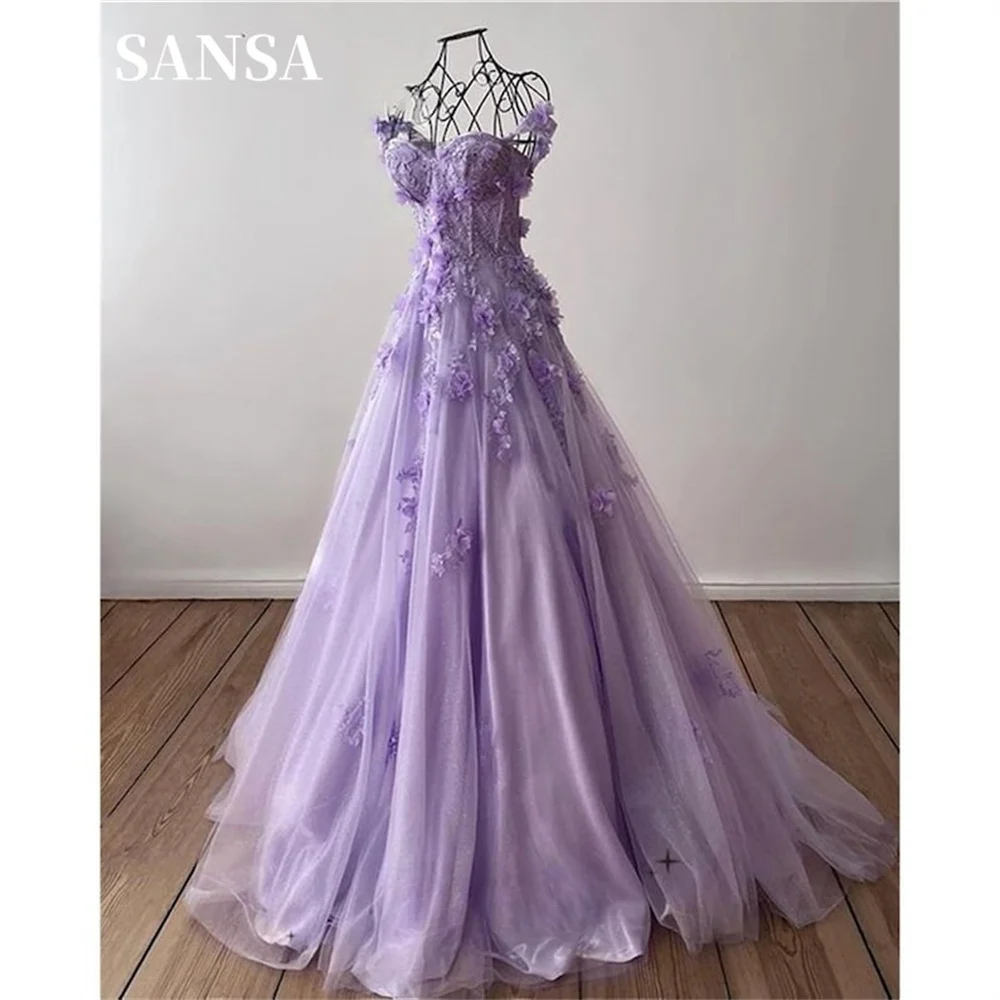 Sansa Princess Off Shoulder فساتين السهرة Sweet 3D Flower A-line Prom Dress Side Split Lace Embroidery Vestidos De Noche