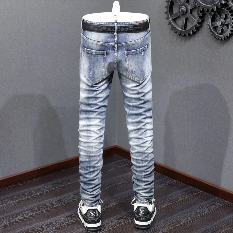Street Fashion Men Jeans High Quality Retro Light Blue Stretch Slim Patched Ripped Jeans Men Brand Designer Vintage Denim Pants