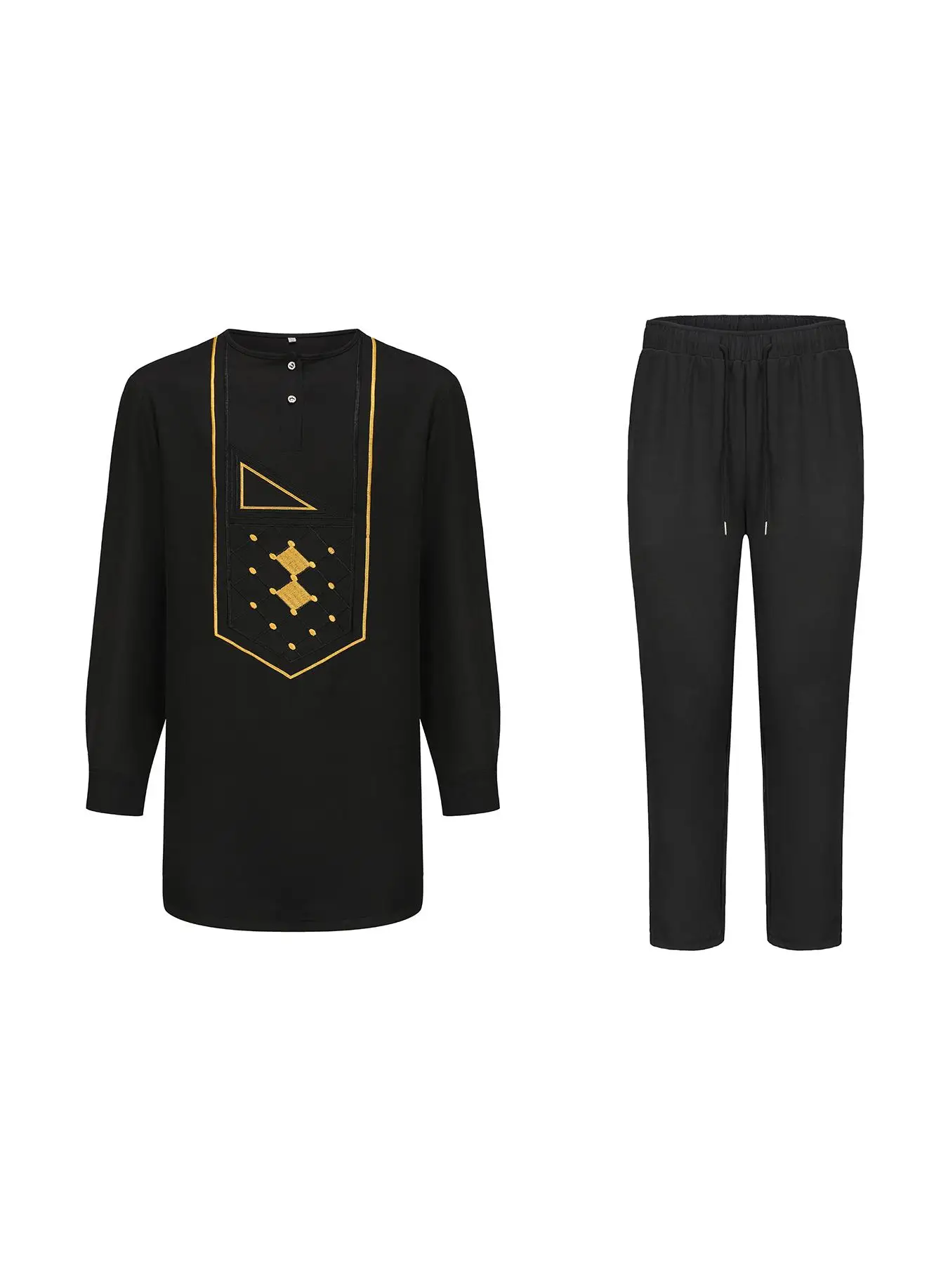 Conjunto Casual de 2 Piezas con Bordado Negro Musulmán Tradicional Africano y de Oriente Medio, Moda Étnica Urbana
