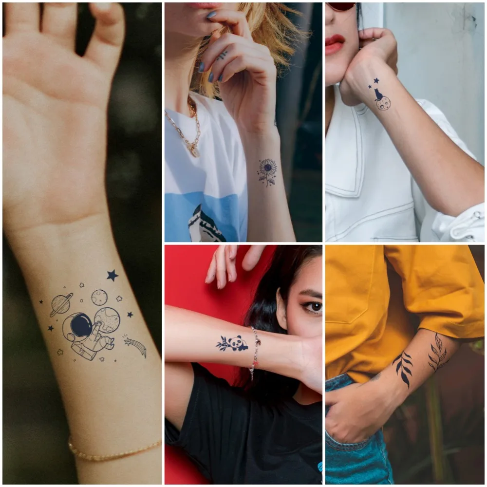 Tatuajes de tinta semipermanente para hombres y mujeres, tatuaje impermeable con diseño de letras de hoja de mariposa, Panda y pluma, nuevo