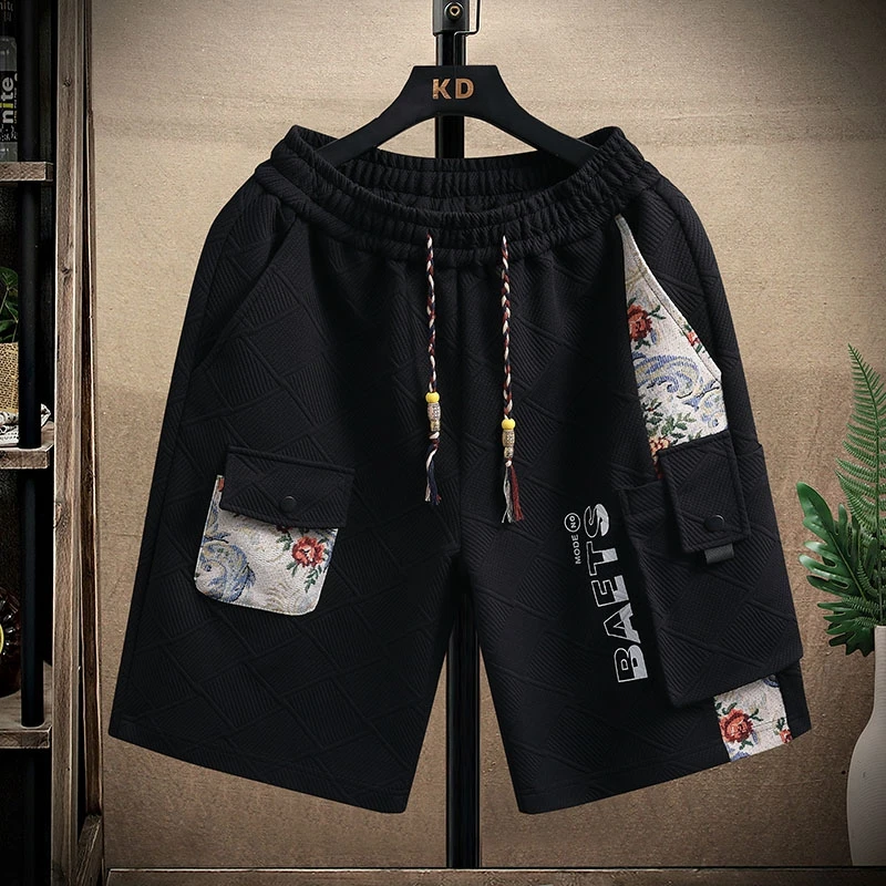 

Summer Thin Ice Silk Loose Fit Five-Quarter Casual Shorts for Men Trendy Chinese Style Loose Splicing Sportswear Shorts