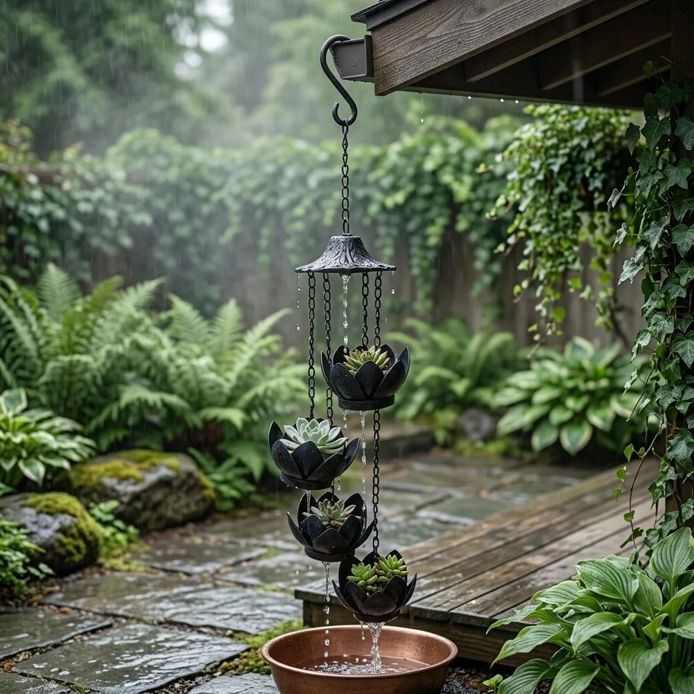 72cm Metal Lotus= Rain Chain With Hanging Flower Pot For Garden Gutter Drainage System Outdoor Water Feature Decor Black
