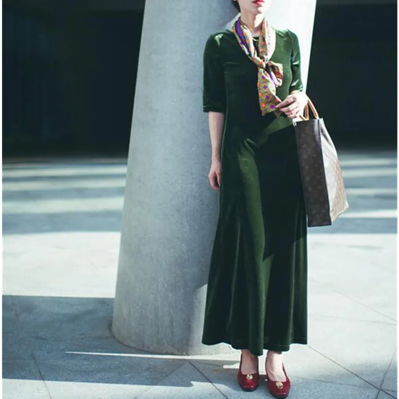 Women half sleeve fashion long velvet dress Spring Autumn sexy women office velour dress black green robe femme soirée