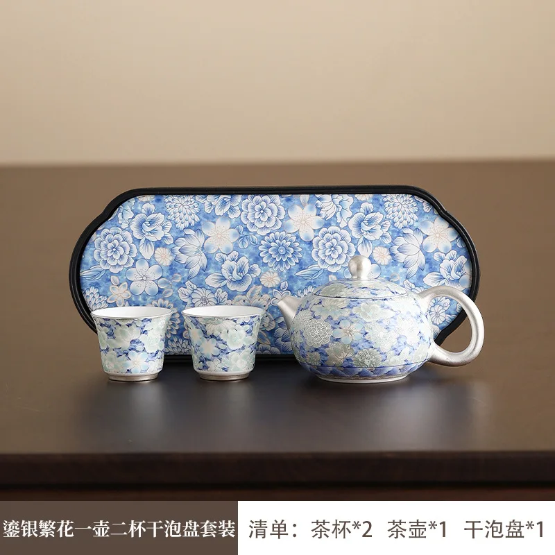 Handmade silver Yuxi teapot, blue and white hand-painted ten thousand flowers to make tea, one pot and two cups
