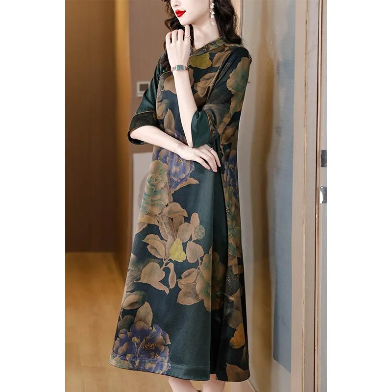 2023 New Elegant and Improved Qipao Printed Dress Women's Spring Fashion 5/4 Sleeve Loose Fit Holiday Casual Dress Vestidos