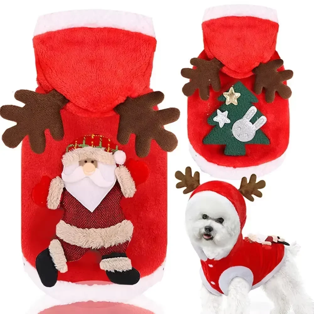 1×Christmas Dog Costume with Reindeer Antlers Hood, Flannel Santa Outfit with Christmas Tree, Winter Clothes for Small Dogs Cats