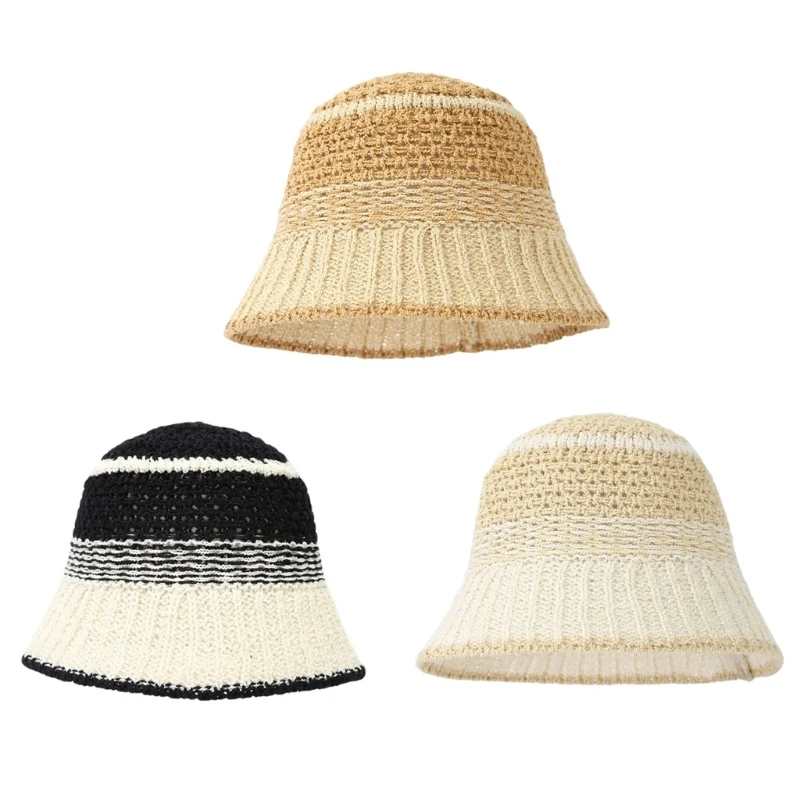 

Handmade Knitted Bucket Hat for Teens Outdoor Color Matching Fisherman Hat Wide Brims Holiday Spring Sunproof Hat