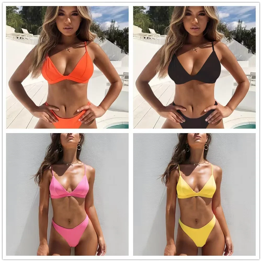 Europe Fashion Solid Color Women Bikini Swimsuit Ladies Two Piece Swimwear