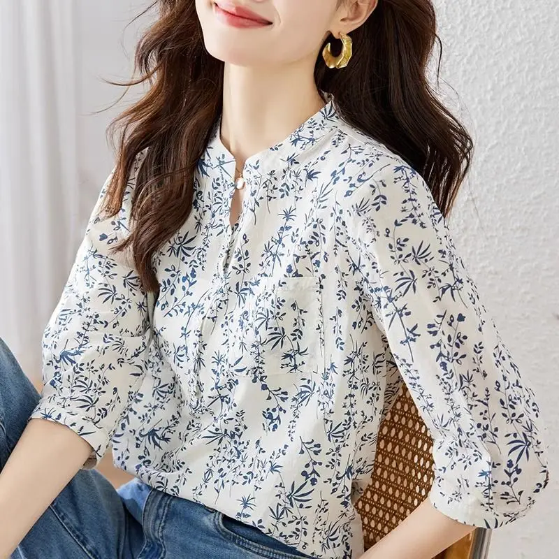 Korean Fashion Floral Printed Tops Spring Summer Blouse 3/4 Sleeve Casual Women Stand Collar Loose Lady Shirt