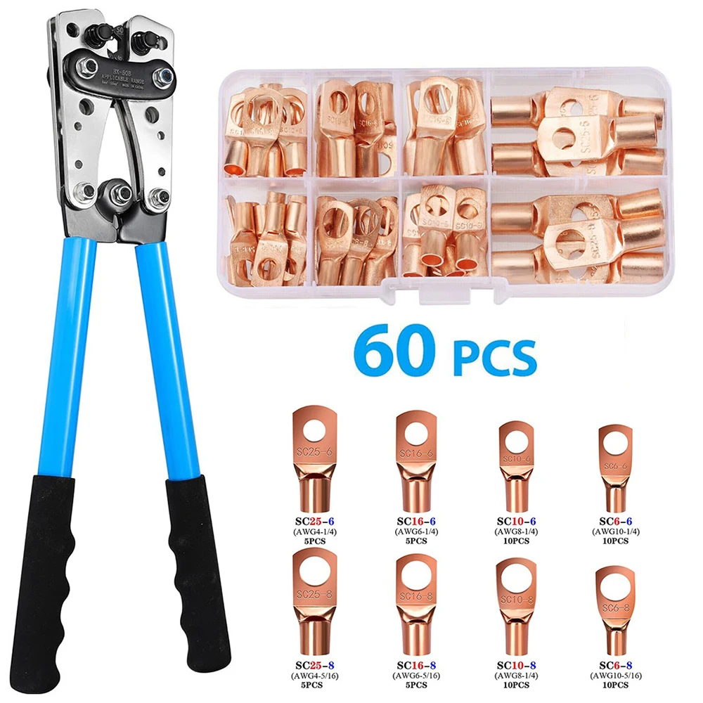 HX-50B Battery Cable Lug Crimping Tool 10-1 AWG with 60Pcs Copper Ring Terminals Cable Lugs Set, Heavy Duty Wire Crimper