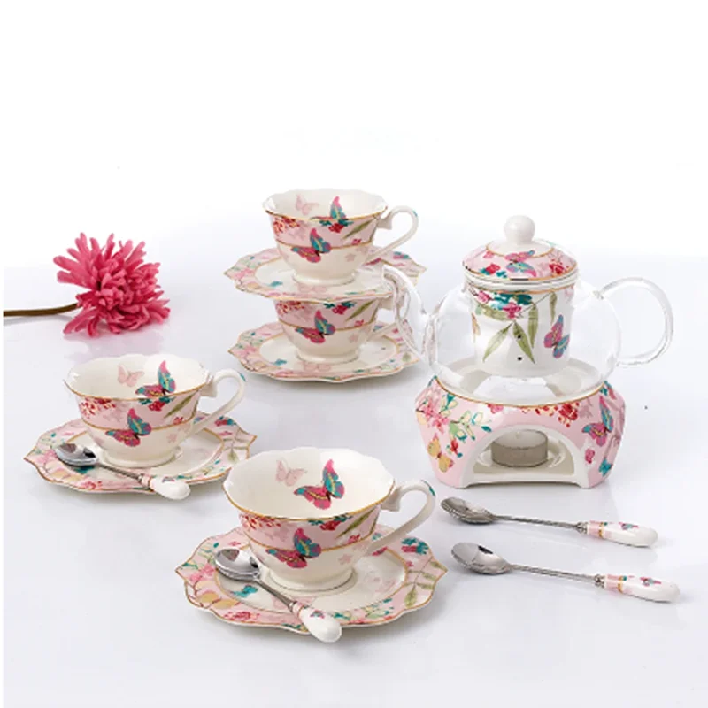 Sakura Butterfly Flower Tea Tea Ware Coffee Set Heatable Warm Tea Stove Glass Teapot Ceramic Coffee Cup Saucer Spoon Set