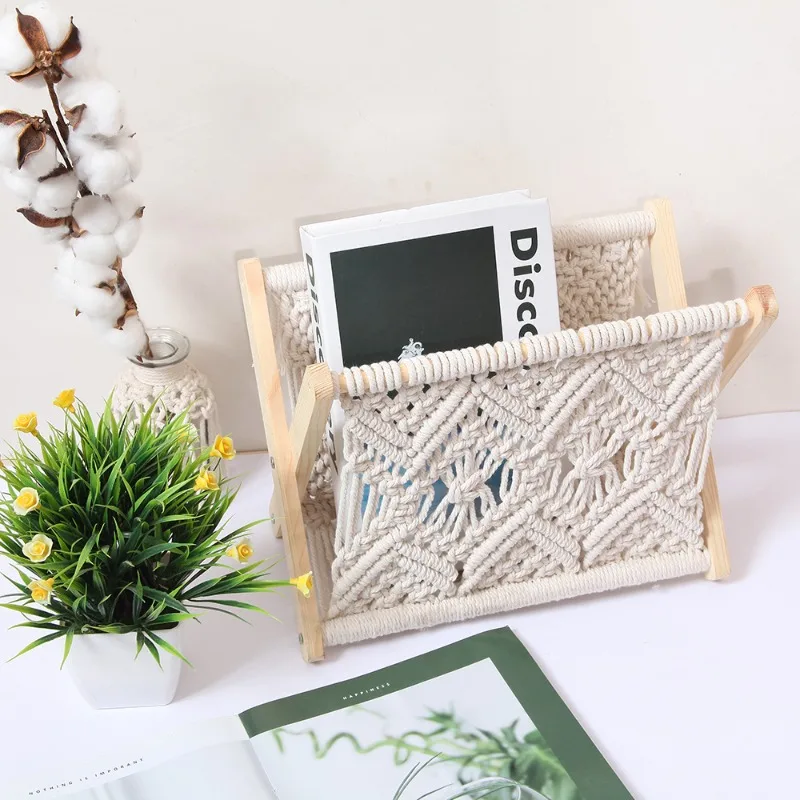 Scandinavian Style Cotton Rope Woven Storage Basket Magazine Book Newspaper Floor Storage Rack Wooden Storage Rack Desktop Decor