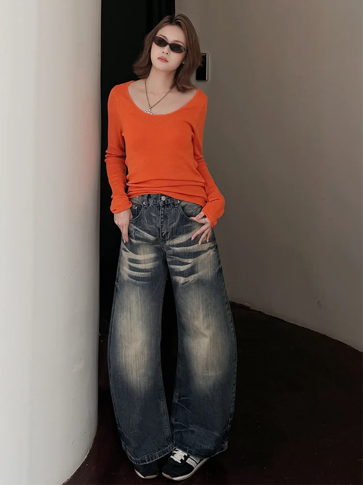 

Retro American Large Size Denim Jeans Women's High Waist Wide Leg Pants Washed Bamboo Fiber Loose Fit Slimming Jeans