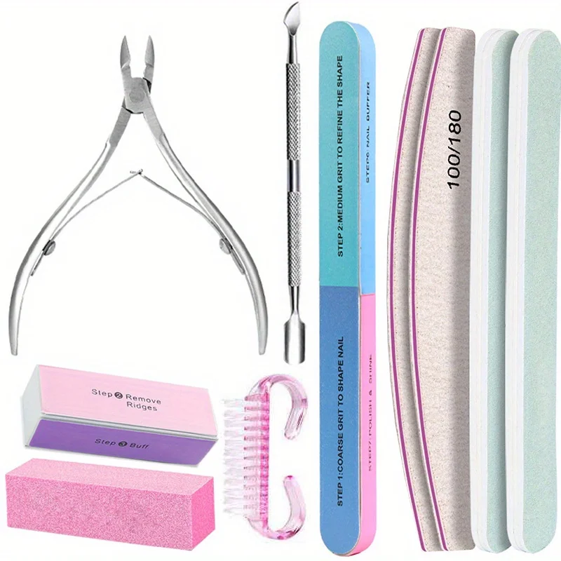 10 Stück/Set Nagelpflege-Set mit 100/180 Körnung Professionelle Feilen, Buffer-Schwammblock, Bürste, Nagelschere und Nagelhautzange – Detail 4