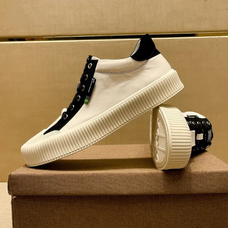 

2025 Spring and Summer Men's Casual Shoes First Layer Cowhide Color Matching Lace-up Trend Board Shoes Men