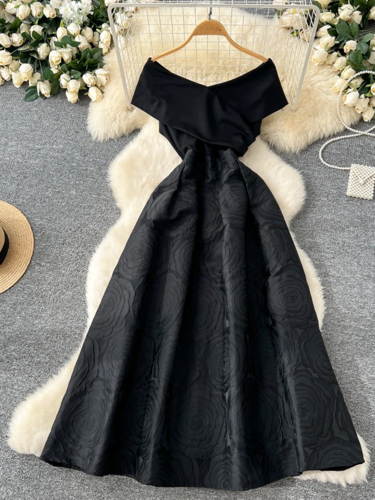 open lace back dress Charming Off The Shoulder Simple Black Long Prom Dresses Party Dresses