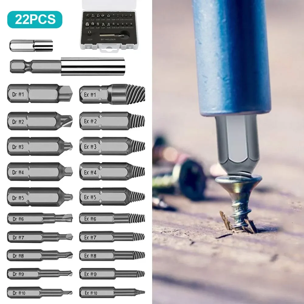 22Pcs 2-12mm Damaged Screw Extractor Set High Speed Steel Stripped Screw Extractor Set Quickly Damaged Bolt Screw Extractor Kit