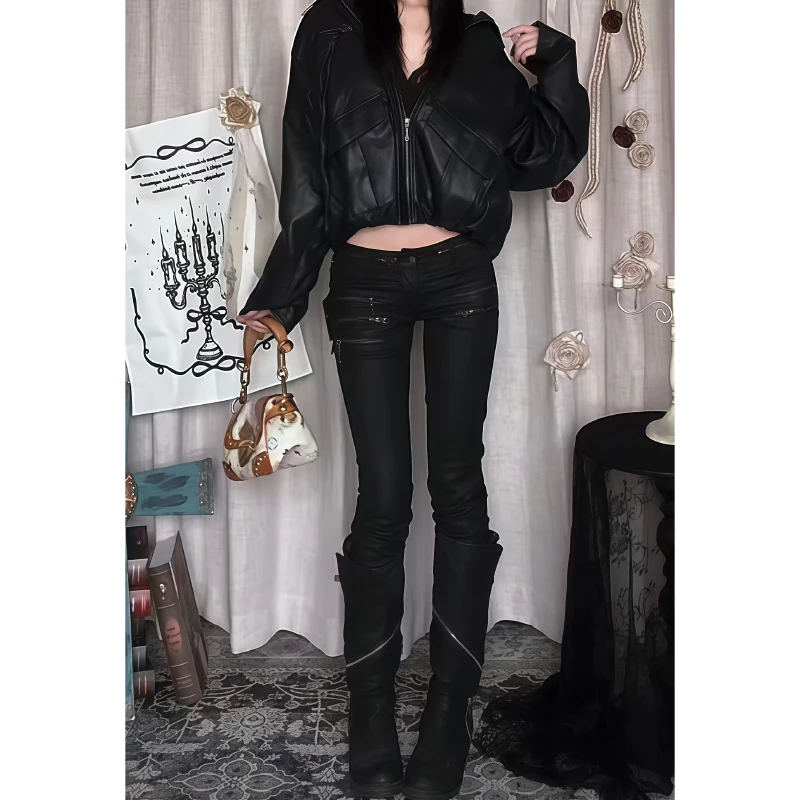

Spring And Summer Low-Waist Black Gothic Tight Straight Jeans Women Y2K American Hot Girl Slim Multi-Zipper Fashion Casual Jeans