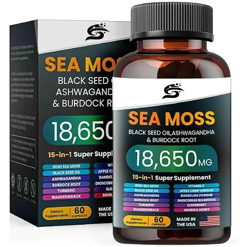 Sea Moss Supplement, 15 In 1 Mixed With Various Minerals Sea Moss Black Seed Oil South African Drunken Eggplant Ginger