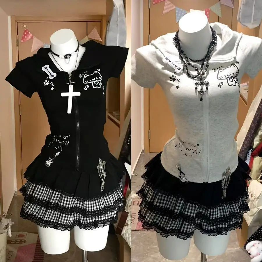 

Japanese Y2K Kawaii Women's Zip-Up Hooded Top Cute Harajuku Streetwear Fashion Casual Anime Print Short Sleeve Student Tops