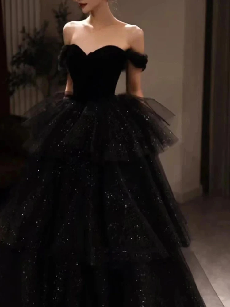 French Elegant Waist Black Evening Dress One-shoulder Birthday Prom Dress Sexy Simple Ball Gown Pleated Mesh Wedding Party Dress