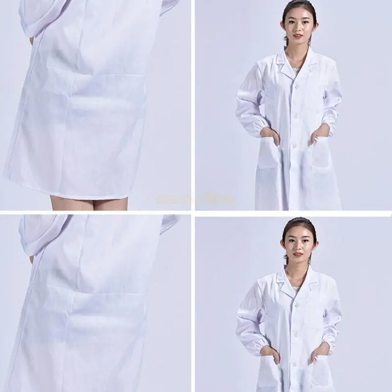 31BF – manteau laboratoire blanc unisexe à manches longues pour femmes hommes, col à revers cranté, boutonné, uniforme