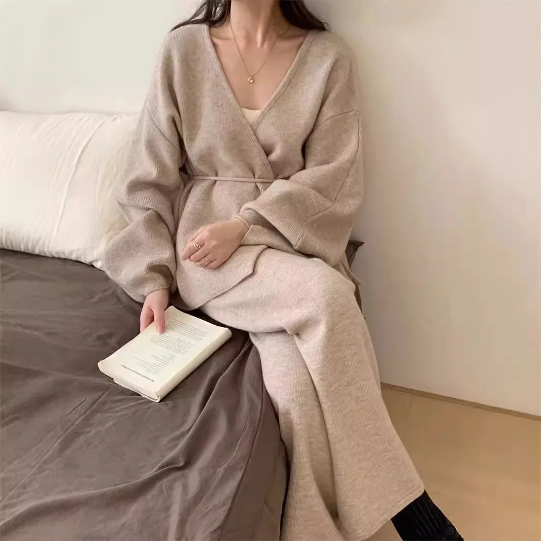 Women 2 Piece Sets Cardigan Wide Leg Pants Suit Knitted Coat Trousers Ensemble Lace Up Knitwear Jacket Autumn Winter Vintage
