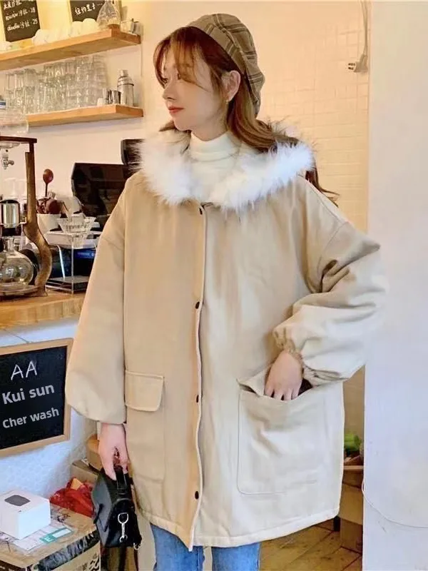 Winter Thickened Korean Style Loose Cotton Jacket with Large Fur Collar Mid-Length for Women Students Long Sleeve Hooded Coat