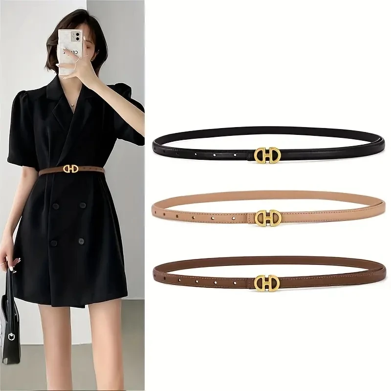 Double D Buckle Leather Belt Stylish Solid Color Thin Belts Classic Jeans Pants Belt Elegant Dress Coat Girdle For Women Girls