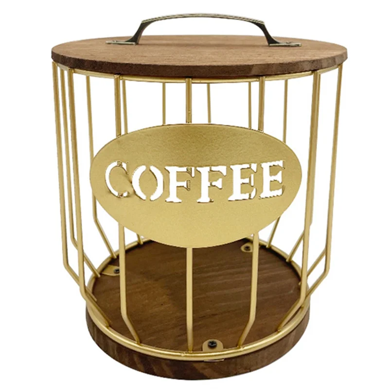 

A96Q-Coffee Holder with Wood Lid,Large Capacity Coffee Storage Container Basket,Round Coffee Holder Case for Counter,Gold