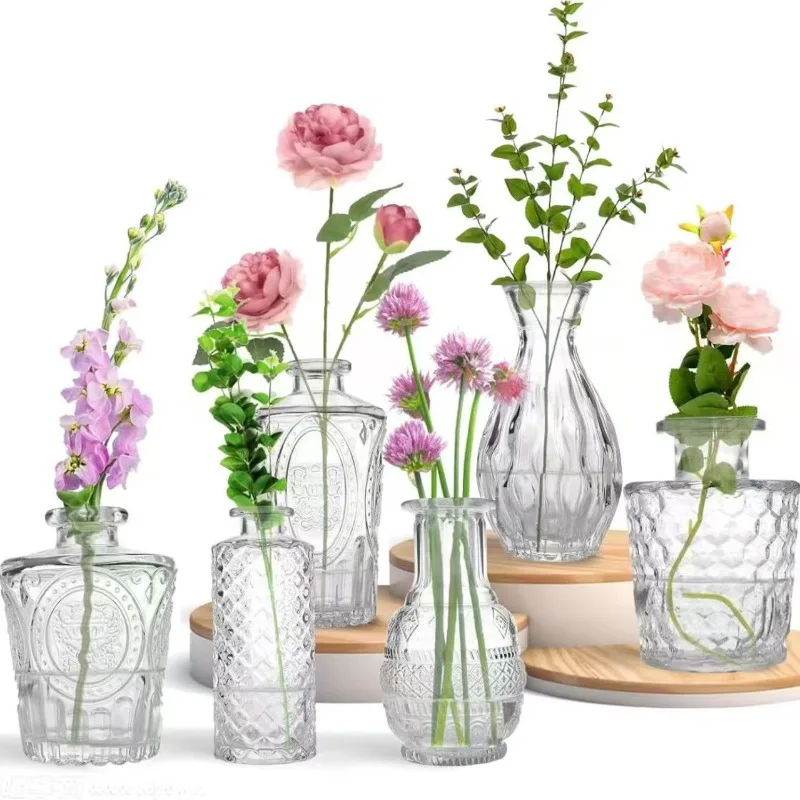16PCS/SET Retro Relief Mini Glass Vase European Crystal Transparent Vase Elegant Decoration Small