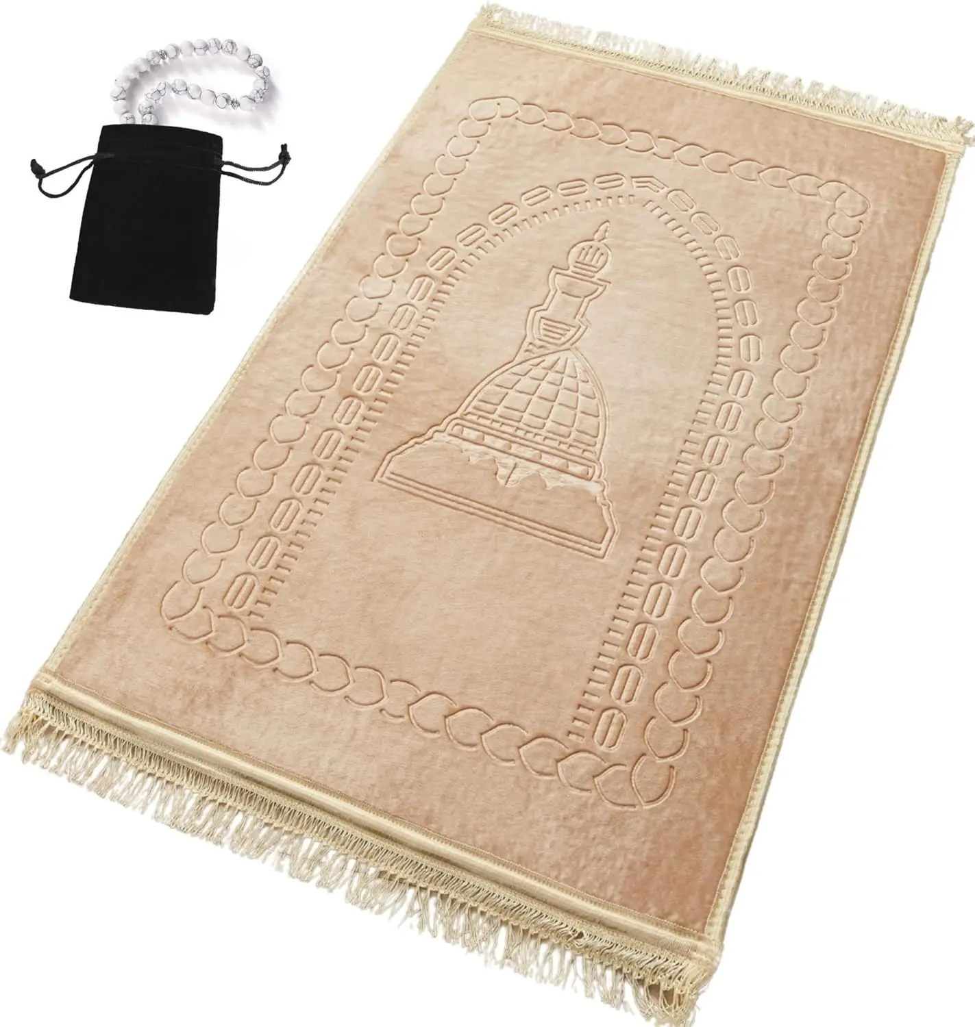 Thick Large Padded Prayer Mat with Beads for Muslim Worship, Soft Luxury Design Great for Knees and Forehead