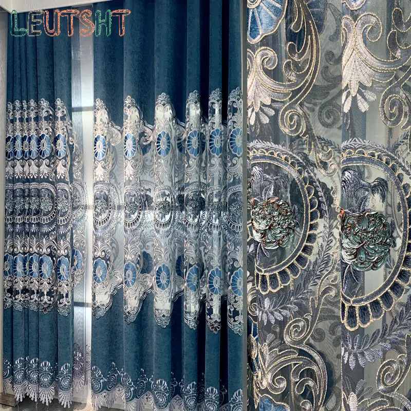 Nordic Curtains for Living Dining Room Bedroom Blue Atmosphere Thickened Chenille Embroidered Curtain French Window Sale