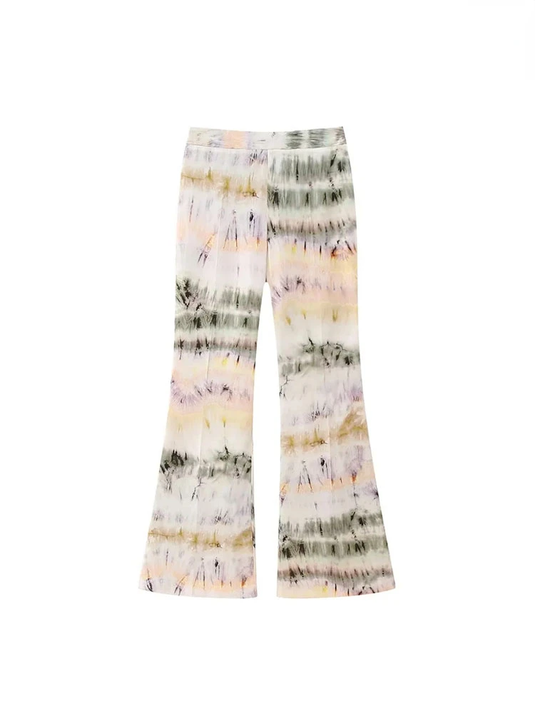 

TRAF Women Fashion Tie-dye Print Flare Pants Vintage High Waist Side Zipper Female Trousers Mujer Chiffon Casual Clothes