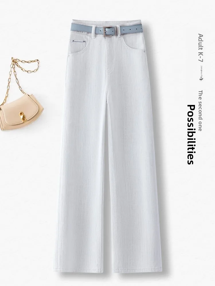 

Slim Fit Wide Leg Denim Jeans Women Summer Thin High Waist Loose Straight Casual Pants Grey White Cotton Polyester Blend
