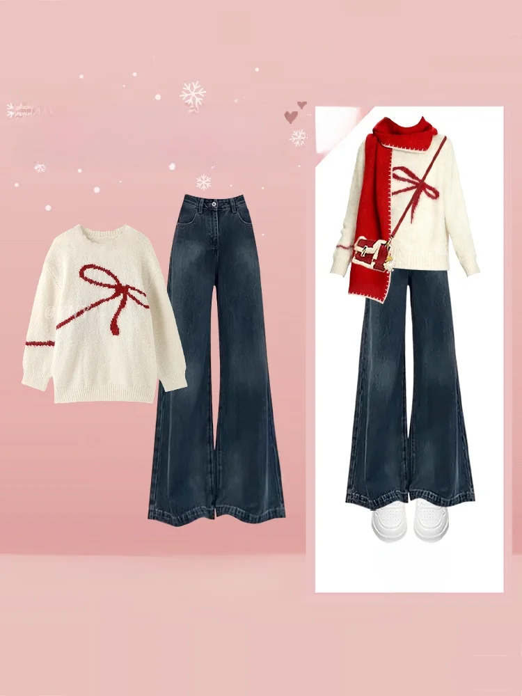 

Корейский зимний наряд, свободный вязаный свитер, дизайнерские джинсы-колокольчики, художественный комплект, женский ансамбль Faion с высокой талией