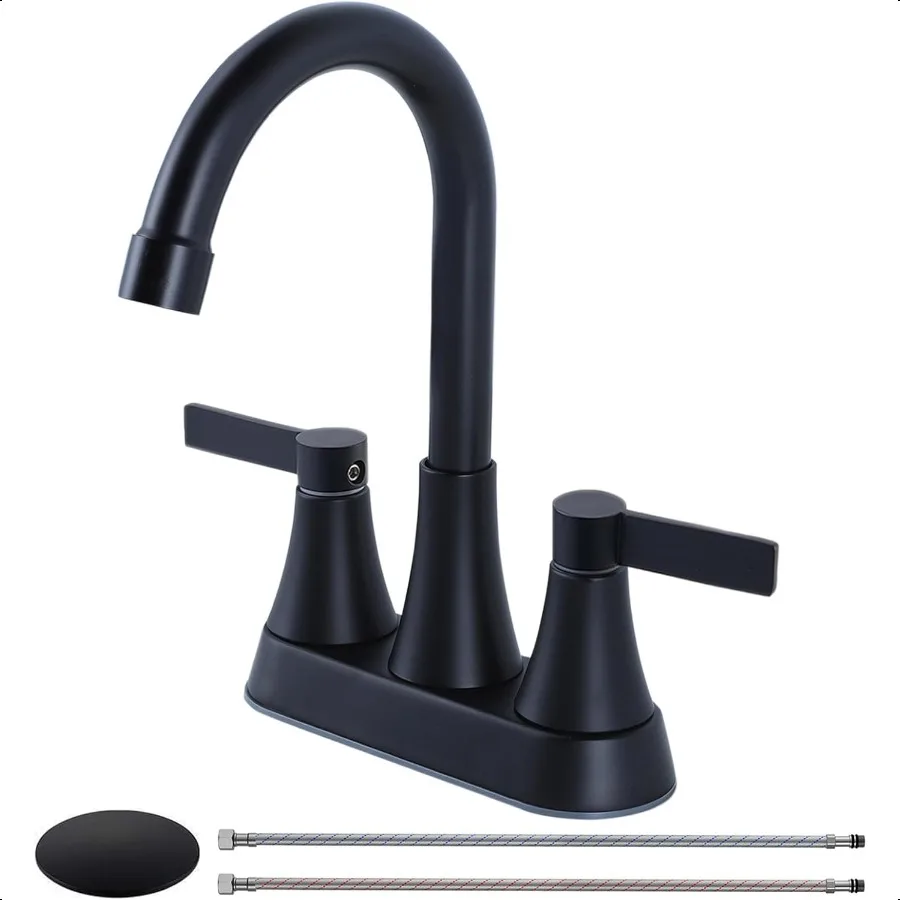 

Black Bathroom Faucet 3 Hole 4 Inch Matte Black Bathroom Sink Faucet with Popup Drain and 2 ply Hoses 2 Handle Stainl Steel Cen