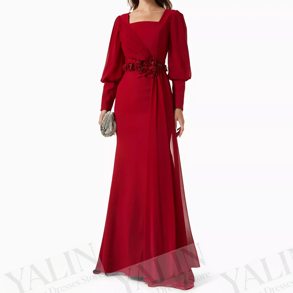 

Women's A-line Evening Dresses Floor-length Square Collar Full Sleeve Prom Gown Fashion Flowers Simple Draped Customized Gowns