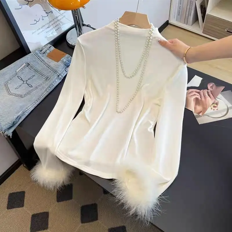 Furry Cuffs Long-sleeve T-shirt 2026 New Women Spring Autumn Mock Neck Casual T-Shirt Blouse Korean Style Female Base Shirt