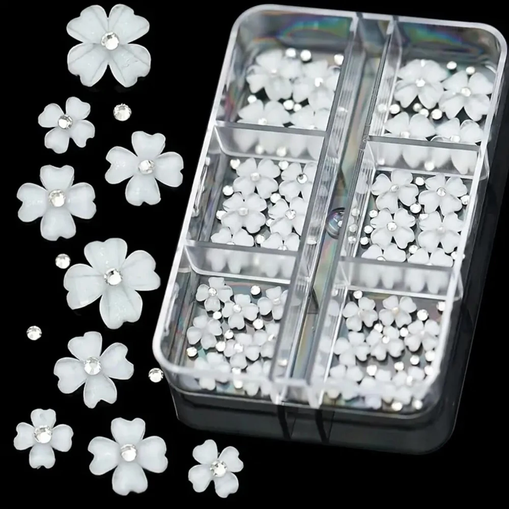 6-Grids/Box White Four-leaf Clover Nail Art Jewelry with Diamond Rhinestones 50pcs Ice-clear 3D Glass Petal Manicure Accessories