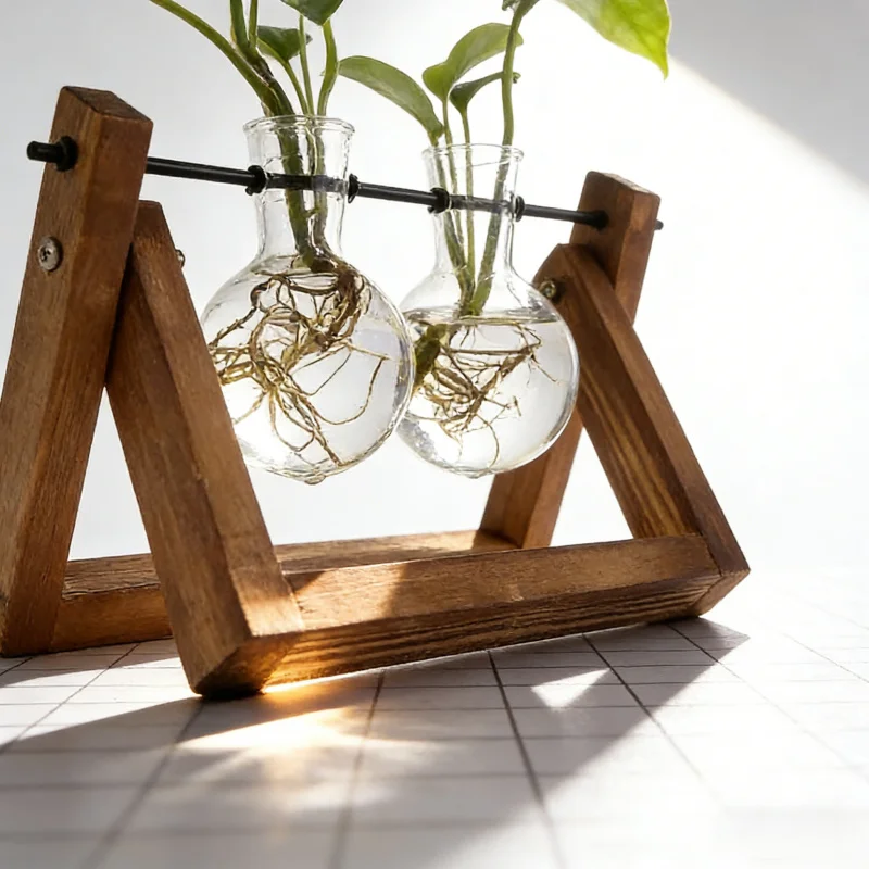 Desktop Glas Hydrokultur Pflanzenvase mit Holzständer Transparenter Blumentopf Grünpflanze Anbau Behälter Kreativ Einfach H