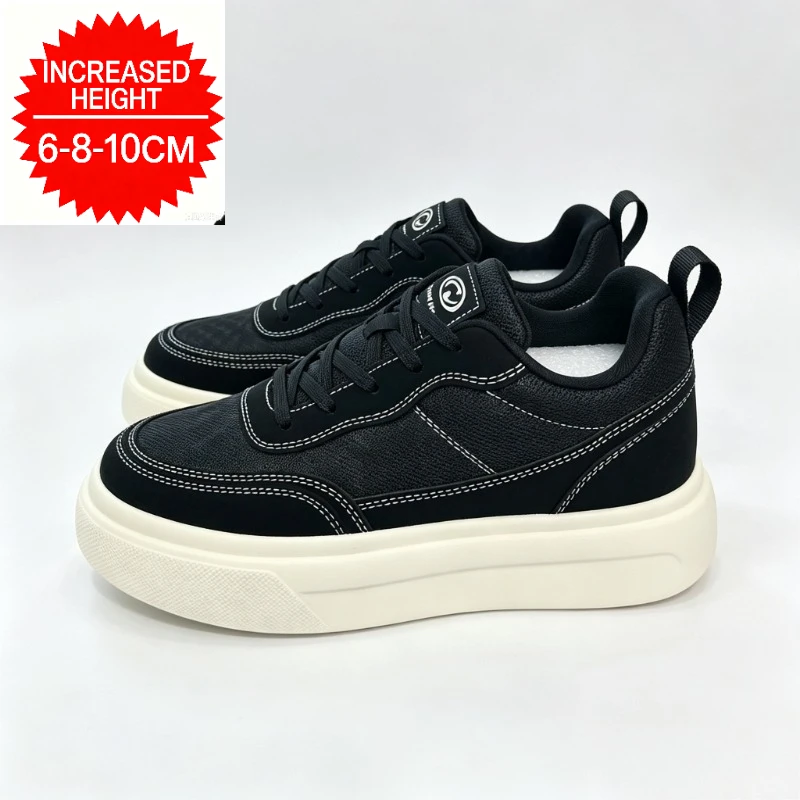 Men Hidden Height Increasing Sneakers 6-10CM Elevator Shoes Black Casual Platform Skateboard Shoes Breathable Lace Up Footwear