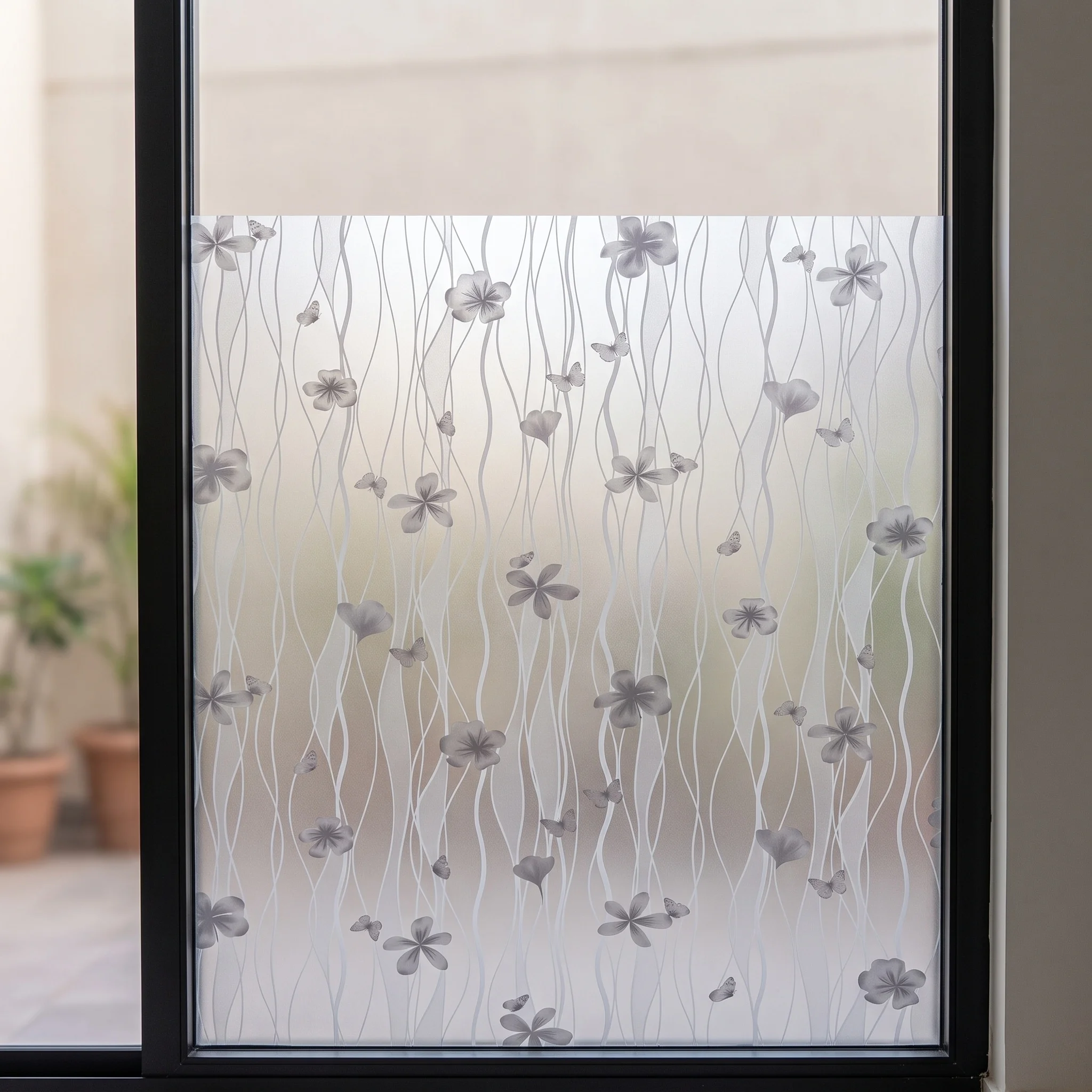 Frosted Butterfly & Flower Privacy Window Film Self-Adhesive Soft Light Transmission Anti-Peep Waterproof PVC Glass Cover for Ho