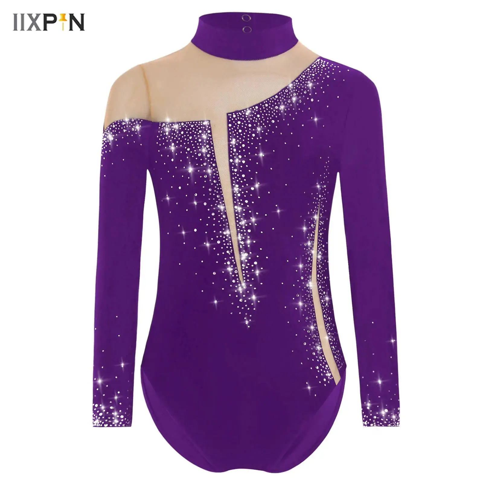 

Fashion Rhinestones Gymnastics Leotard Kids Girls Long Sleeve Sheer Mesh Patchwork Bodysuit for Figure Skating Dance Performance