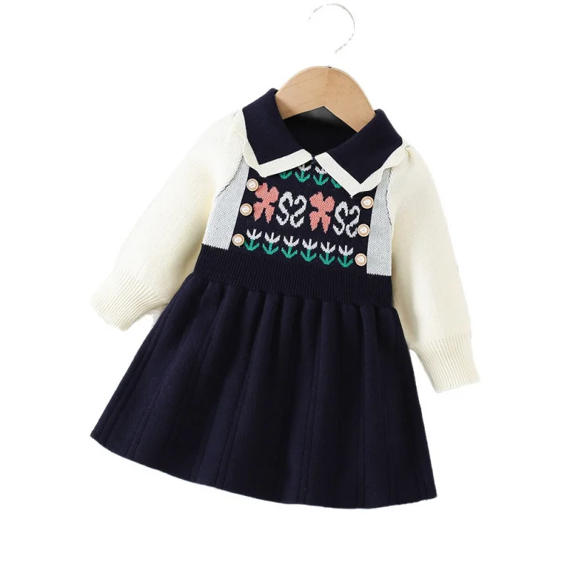 Girls' Sweater Dress Autumn Winter New Fashionable Baby Girl Floral Collar Cute Knitted Yarn Princess Dress Trendy